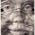 SELF PORTAIT is graphite drawing of a man made of fabric strips