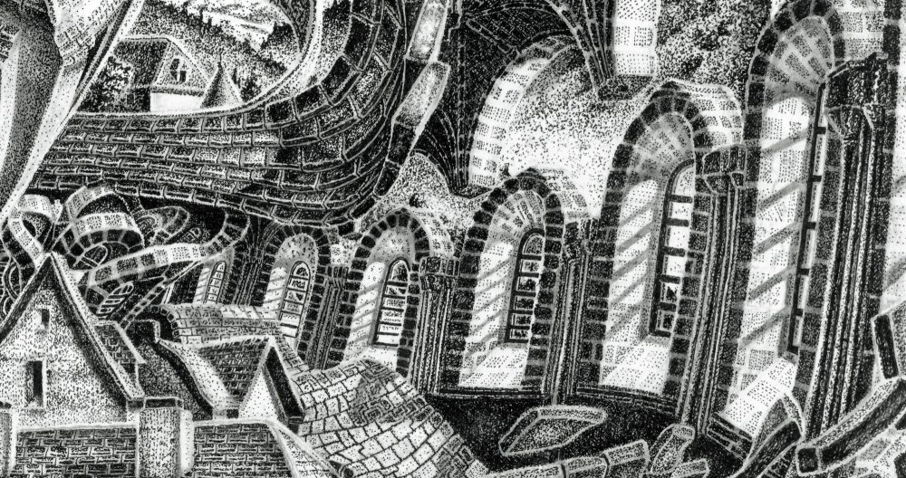 COMMUNITY LIFE, drawing of an ancient city with swirling stretching arches, doorways, and streets