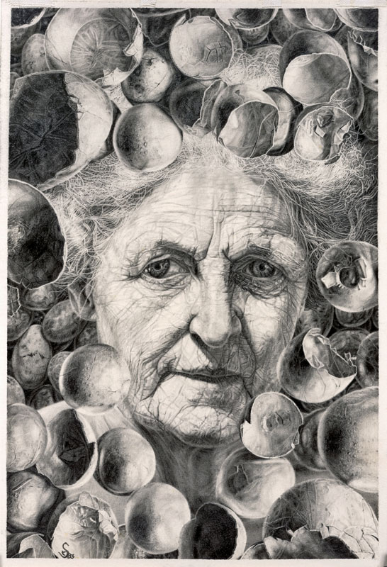 TOYS No. 2, graphite portrait of artist's grandmother surrounded by egg shells