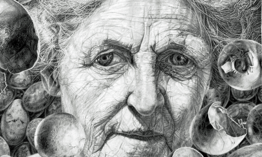 TOYS No. 2, graphite drawing portrait of grandmother surrounded by egg shells