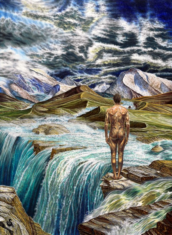ETERNAL LONGING No.2, painting of a mountain waterfall with a figure