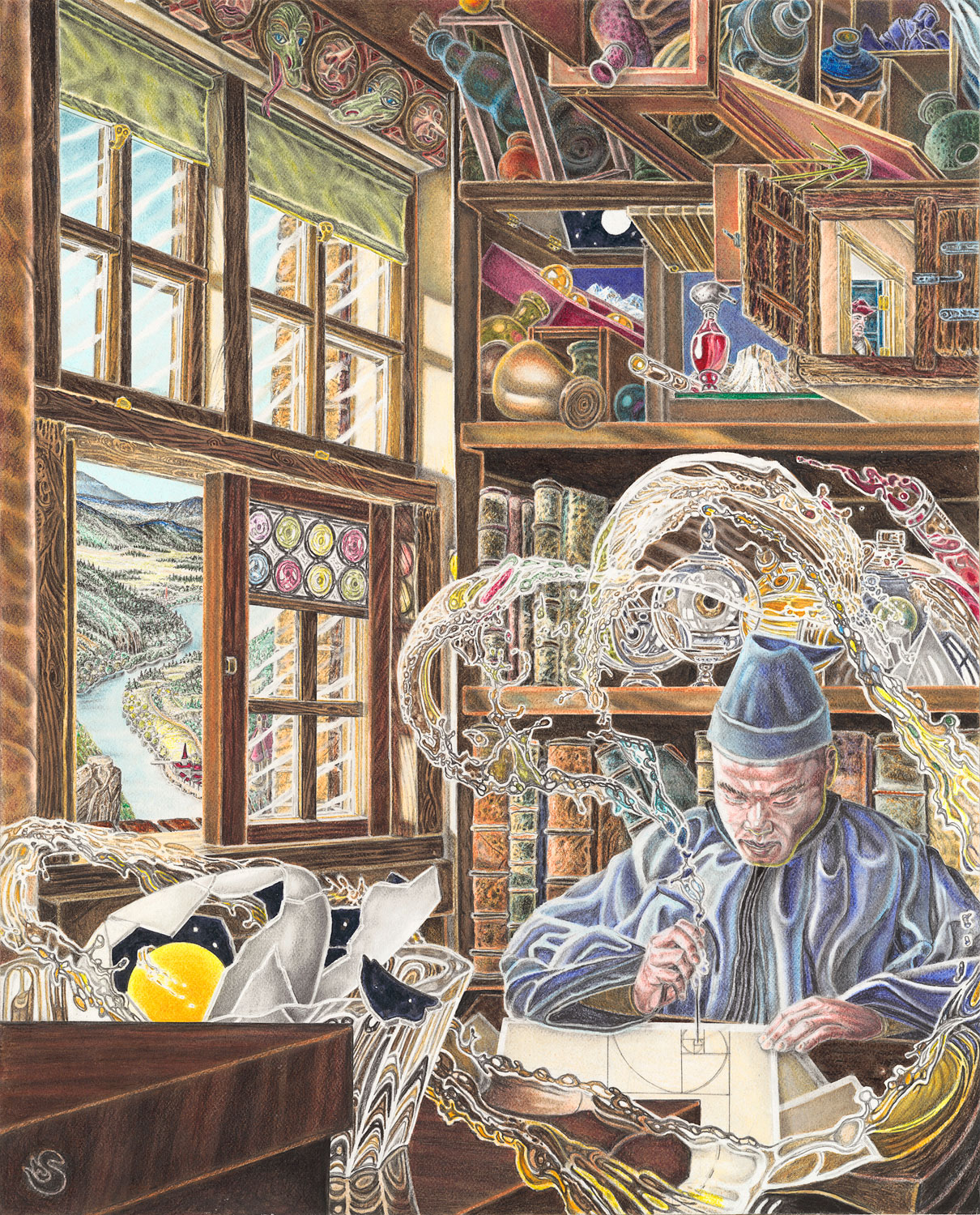 The Alchemist works in his study as his creations swirl up from the page