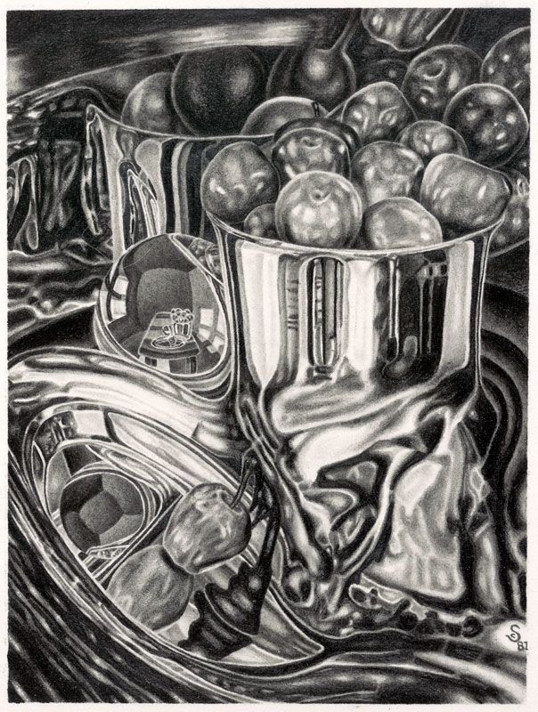INTERIORS, graphite drawing of gleaming apples tumbling out of a silver bowl and reflecting in many surfaces