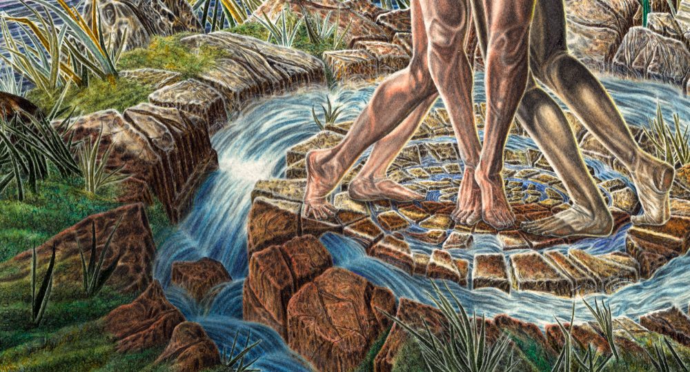 TREE OF LIFE, painting detail of feet turning and supporting the tree top of figures
