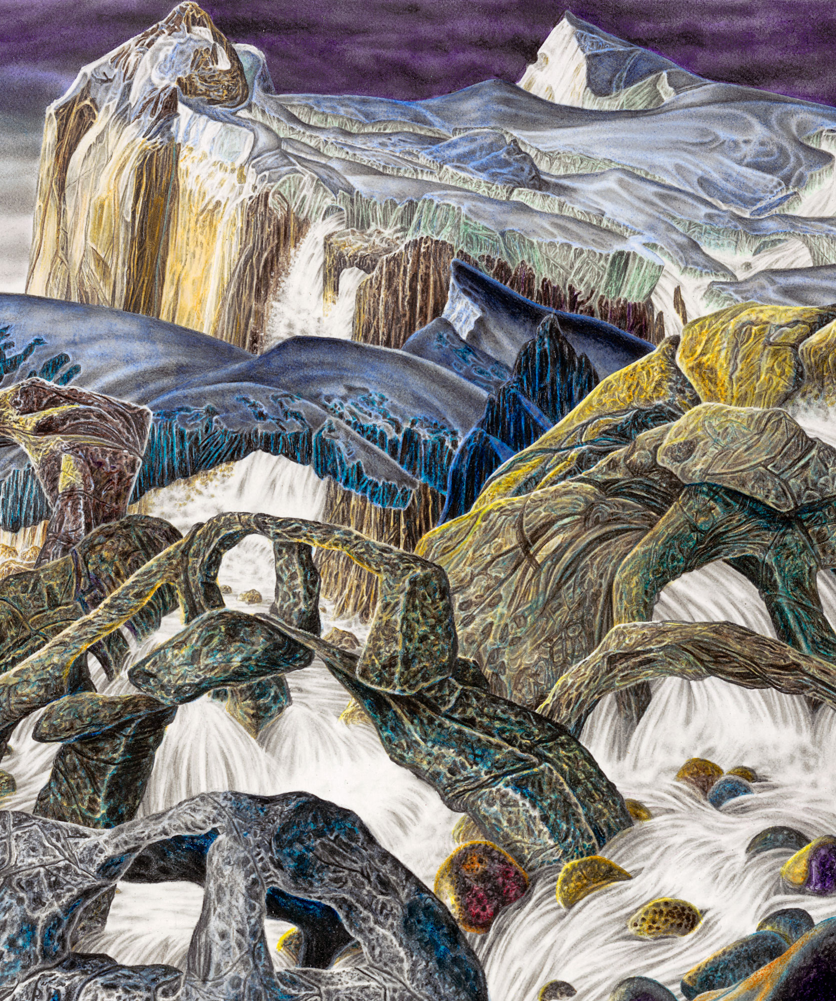 BONES OF CREATION, painting of rock arches and swirling rapids in a surrealistic setting