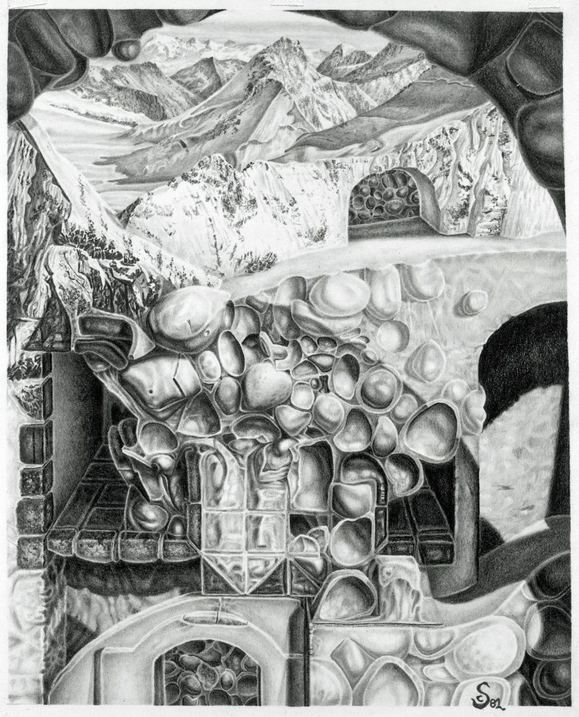 CASEMENTS, graphite drawing of a fantastical natural enclosure of stone