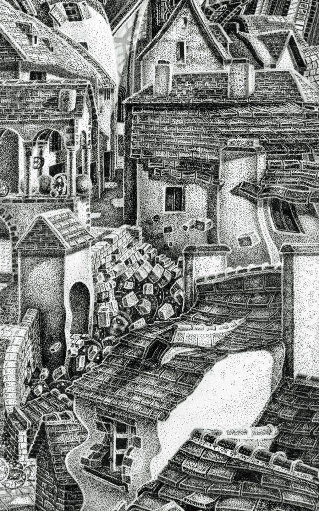 COMMUNITY LIFE, drawing of an ancient village swirling and stretching into a surrealistic scene