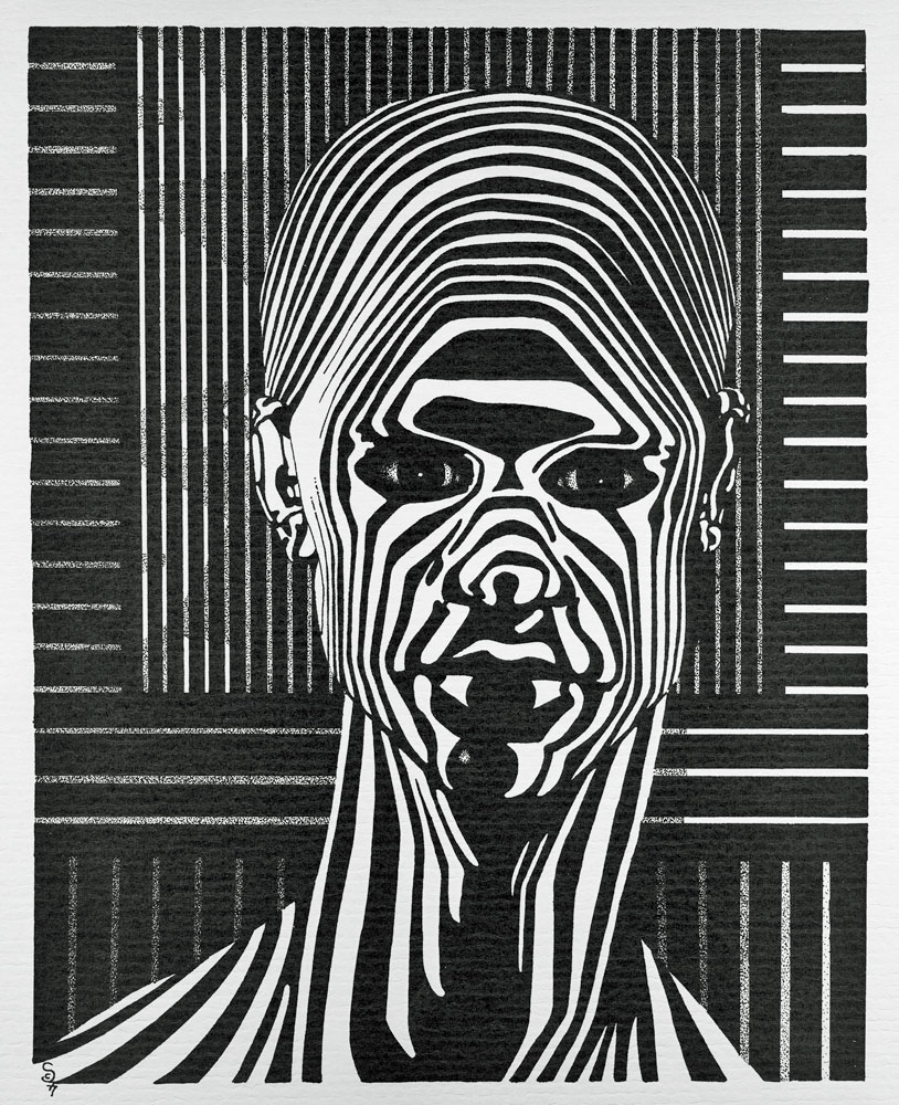 STRIPES, pen & ink portrait of a man with a zebra-like pattern making his face