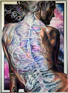 Amphitrite-Emergent, painting of woman with colorful and soothing patterns on her back