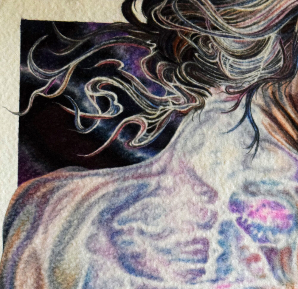 AMPHITRITE-EMERGENT, painting of women's neck and upper back with surrealistic dream patterns