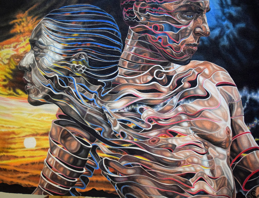 WEAVE OF NIGHT & DAY, magical realism painting with a woman and man blending their psyche or pulling apart.