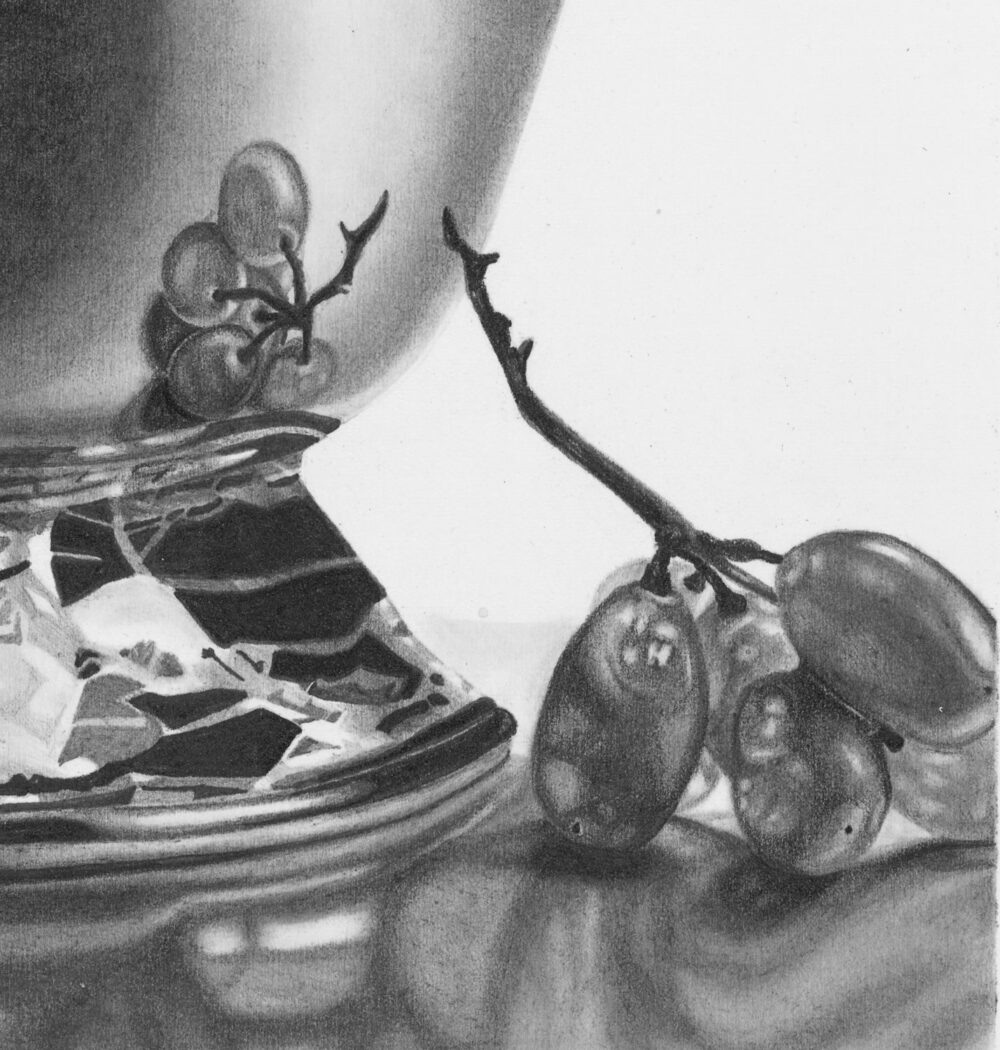ANIMATE, graphite drawing with a surrealistic silver bowl of grapes where delicious grapes swirl out and reflect
