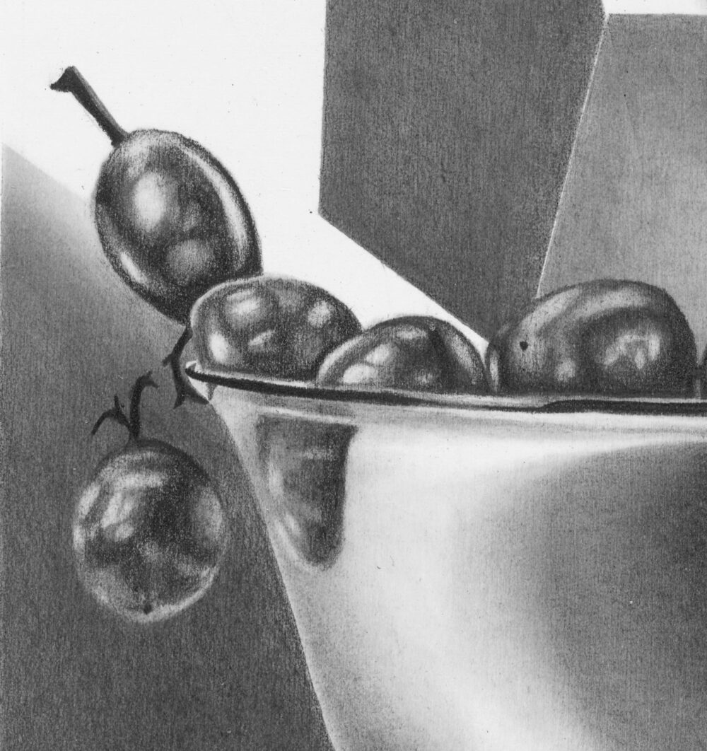 ANIMATE, graphite drawing with a surrealistic silver bowl of grapes where delicious grapes swirl out and reflect