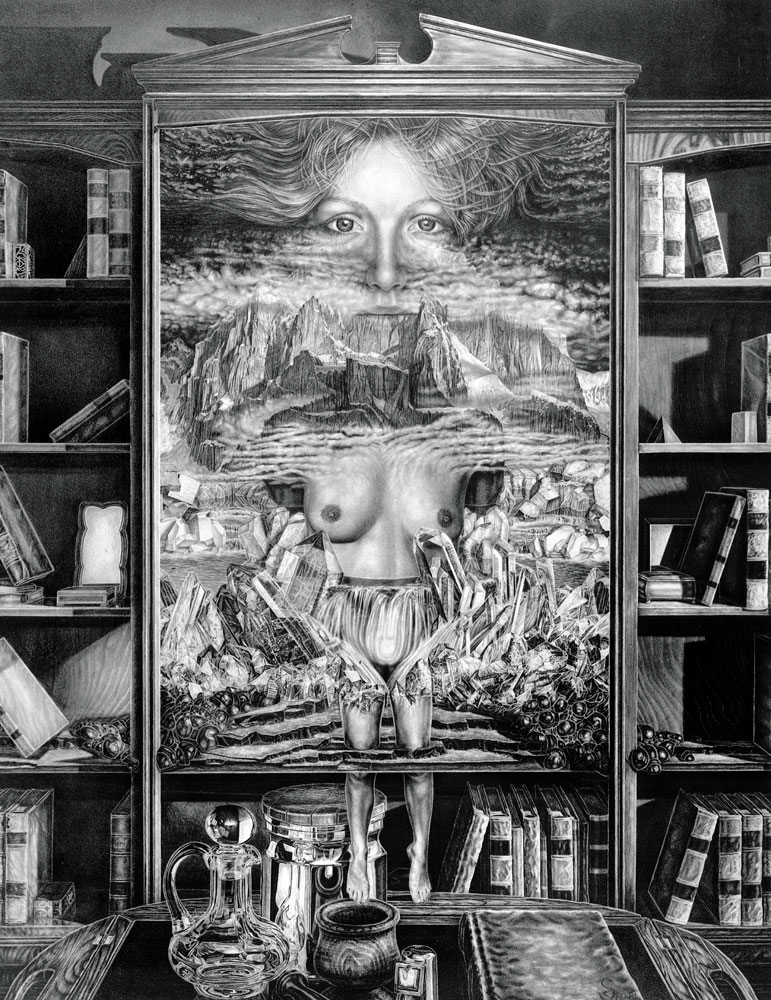 BOOKCASE, graphite drawing of woman suspended and dreaming in a beautiful old bookcase