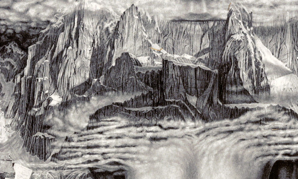 BOOKCASE drawing detail, shows mountains first in the dreaming woman's mind