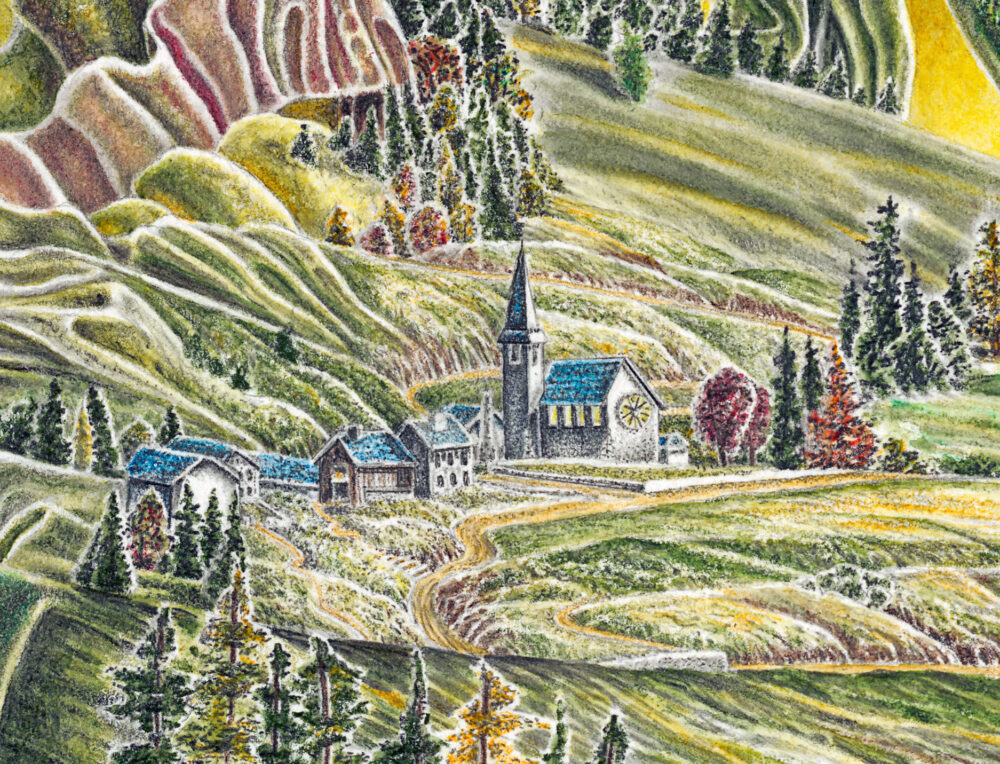 EMERGENCE, painting detail of small mountain village
