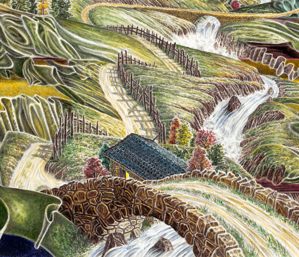 EMERGENCE, painting detail of stone bridge and winding path up into mountains