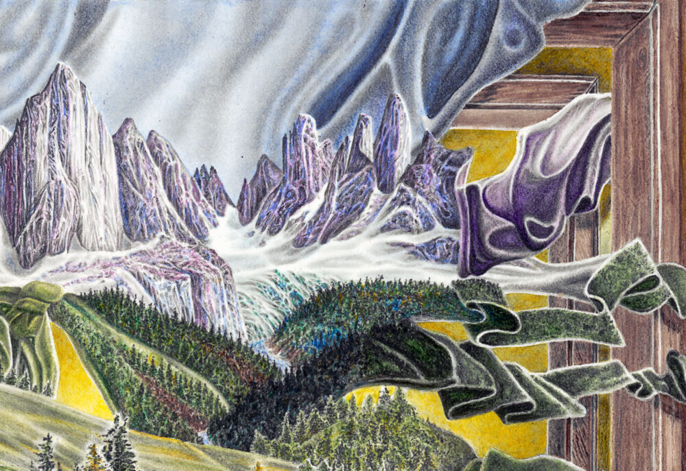 EMERGENCE, painting detail of dramatic mountains and green forest